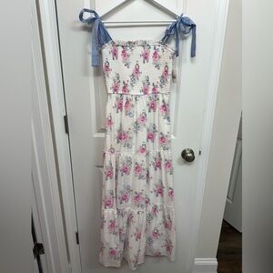 Altar'd State Cream Floral Smocked Maxi Dress with Pink and Blue Accents
